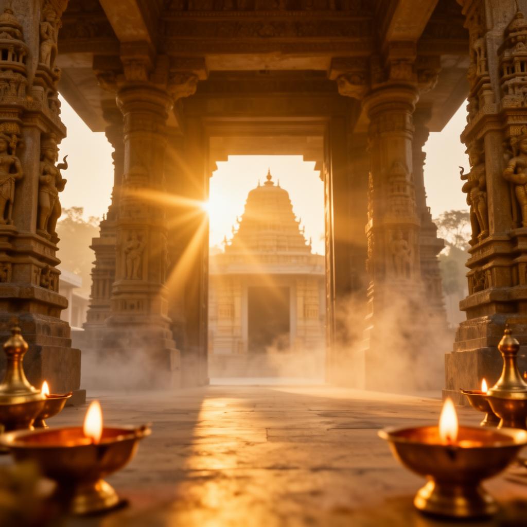 Grand Hindu temple entrance at dawn with glowing brass diyas